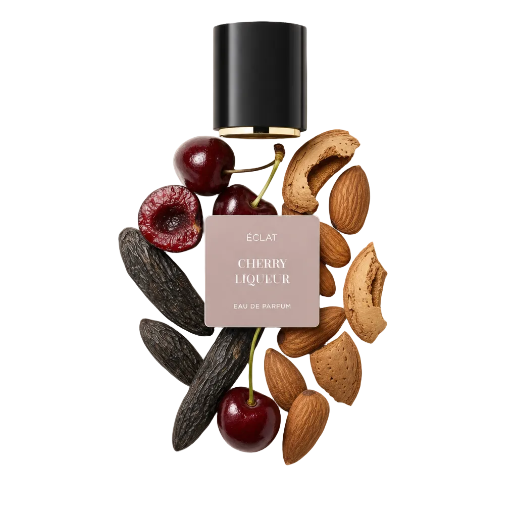 Ein sorgfältig arrangiertes Stillleben aus Kirschen, Vanilleschoten, Mandeln und Schalen umgibt eine schwarze Kappe mit ÉCLAT Cherry Liqueur Etikett.