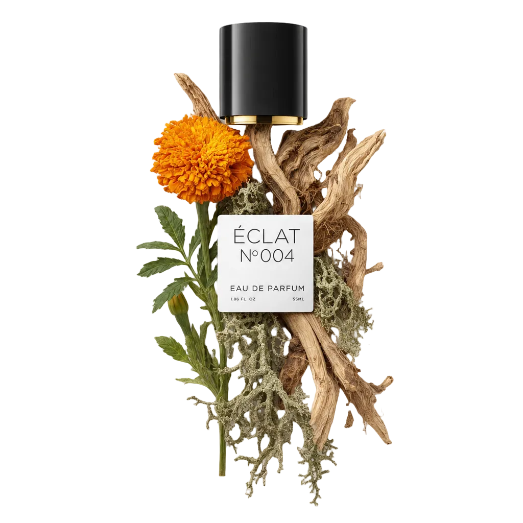 Ein kunstvolles Arrangement aus orangefarbener Ringelblume, grünen Blättern, verdrehtem Holz und Moos umgibt eine schwarze Verschlusskappe mit einem Etikett, das ÉCLAT Chypre Marigold zeigt.