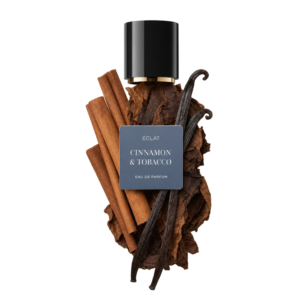 Ein Arrangement aus Zimtstangen, Tabakblättern und Vanilleschoten umgibt eine schwarze Verschlusskappe mit dem Etikett ÉCLAT Cinnamon & Tobacco.