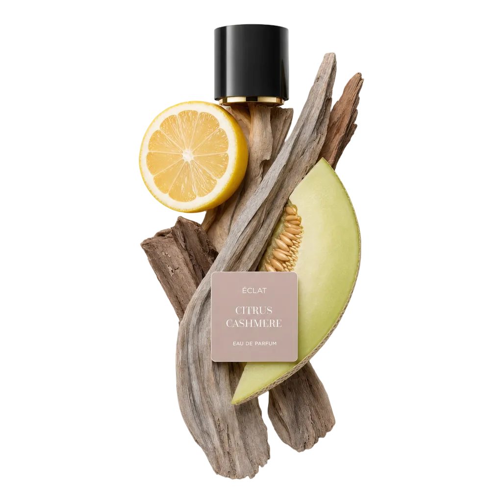 Ein Arrangement aus Zitrusscheiben und einem Melonenstück auf Treibholz, das die Duftnoten von ÉCLAT Citrus Cashmere unter einer schwarzen Kappe mit Etikett zeigt.