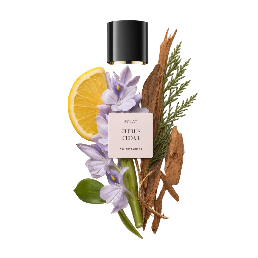 Ein kunstvolles Arrangement aus Zitrusscheiben, blühenden violetten Blumen, Zedernholz und Grün, mit einer schwarzen Kappe mit ÉCLAT-Label oben.