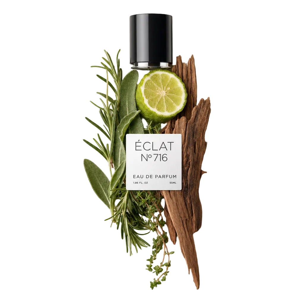 Ein Arrangement aus frischem Rosmarin, Salbei, Limette, Thymian und Holztönen umgibt eine schwarze Verschlusskappe mit einem Etikett, das ÉCLAT Citrus Herbs zeigt.