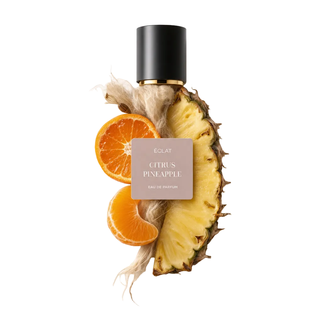 Arrangement aus Ananasscheiben und Orangensegmenten mit einer schwarzen Kappe, die ÉCLAT Citrus Pineapple beschriftet ist.