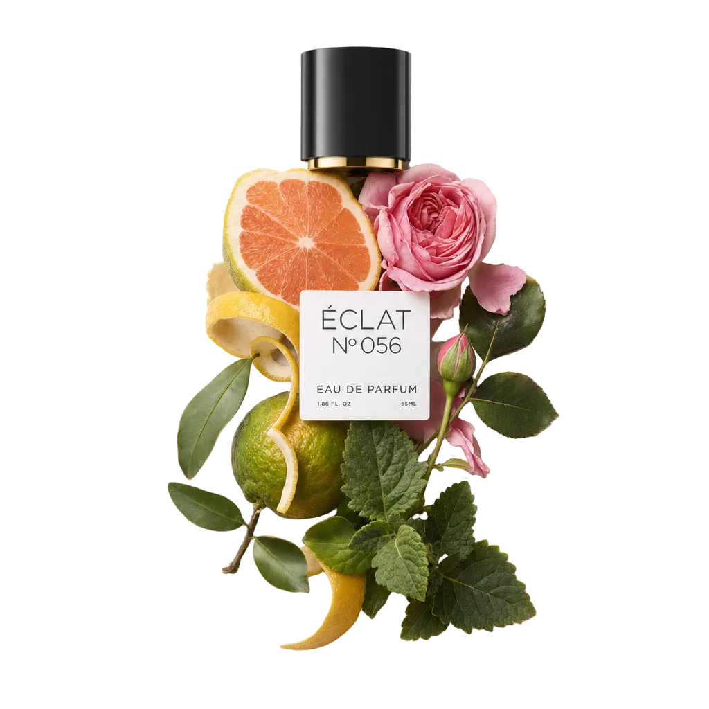 Eine schwarze Verschlusskappe mit Etikett liegt auf einem Arrangement aus Zitrus- und Rosenelementen, darunter Grapefruit, Rose, Zitronenschale und grüne Blätter für ÉCLAT Citrus Rose.