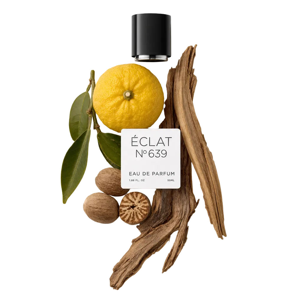 Ein Arrangement aus einer ganzen Zitrone, grünen Blättern, ganzer und geschnittener Muskatnuss und Sandelholzstücken, mit einer schwarzen Kappe mit ÉCLAT Citrus Sandalwood Etikett.