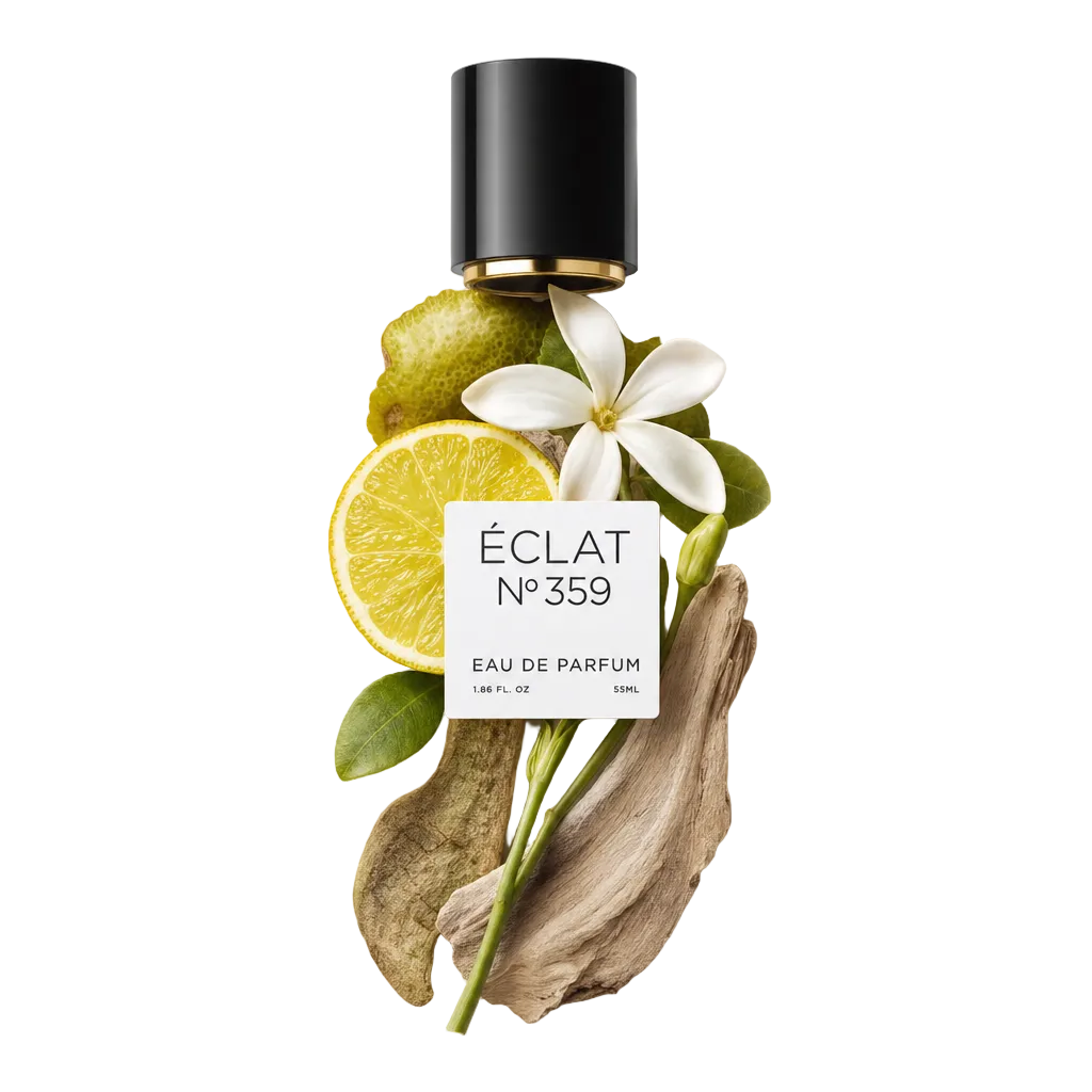 Ein Arrangement aus Zitrusscheiben, weißen Tiaré-Blüten und grünen Blättern mit einem Stück Treibholz, gekrönt von einer schwarzen Kappe mit ÉCLAT-Etikett.