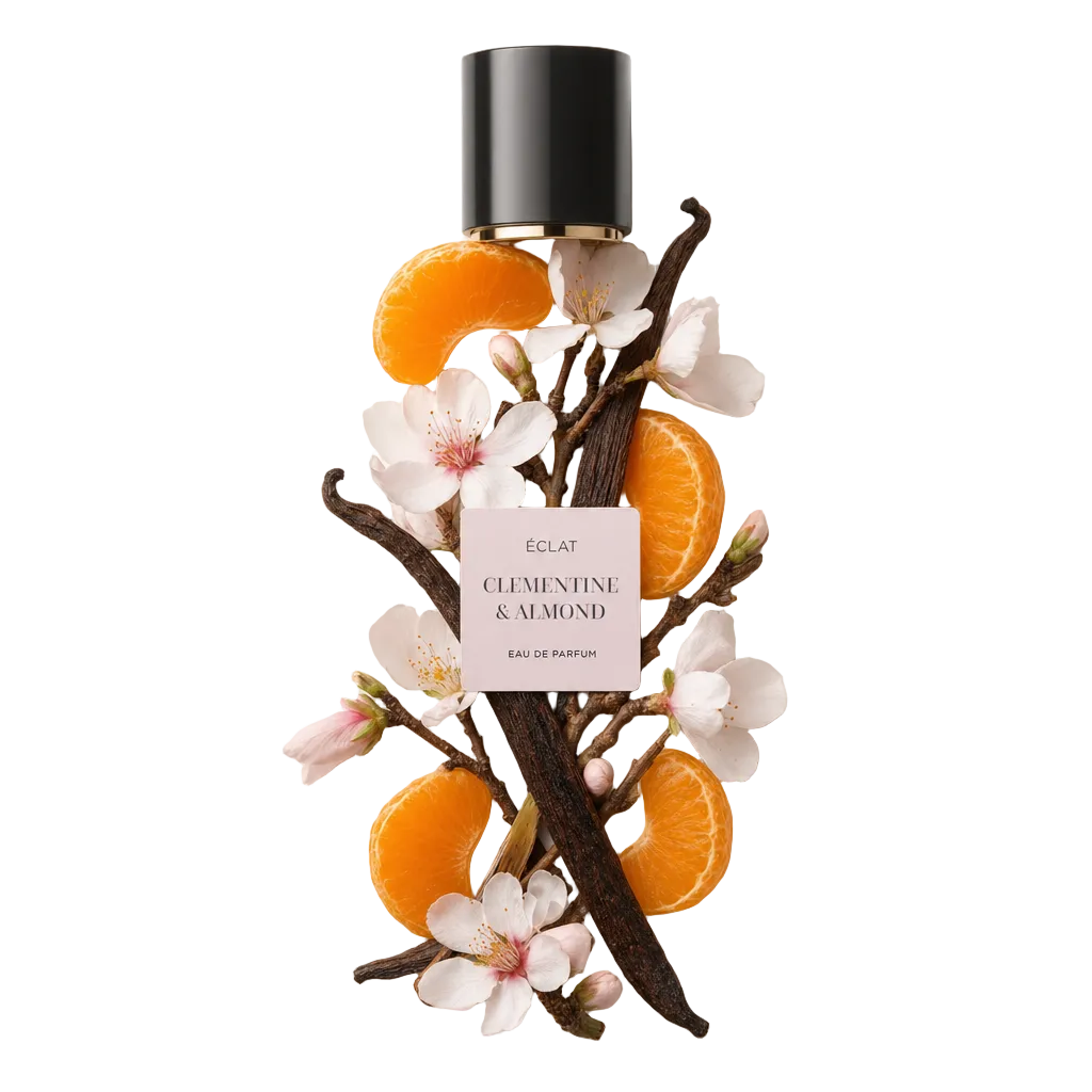 Ein Arrangement aus Clementinenscheiben, Mandelblüten und Vanilleschoten umgibt eine schwarze Kappe mit Etikett für ÉCLAT Clementine & Almond.