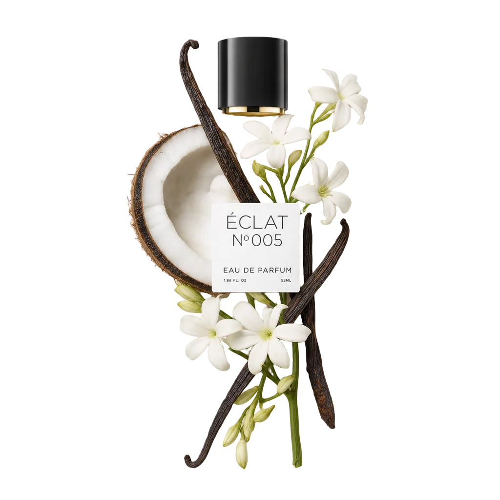 Ein Arrangement aus duftenden Zutaten, darunter eine halbierte Kokosnuss, Jasminblüten und Vanilleschoten, mit ÉCLAT-Verschlusskappe oben beschriftet.