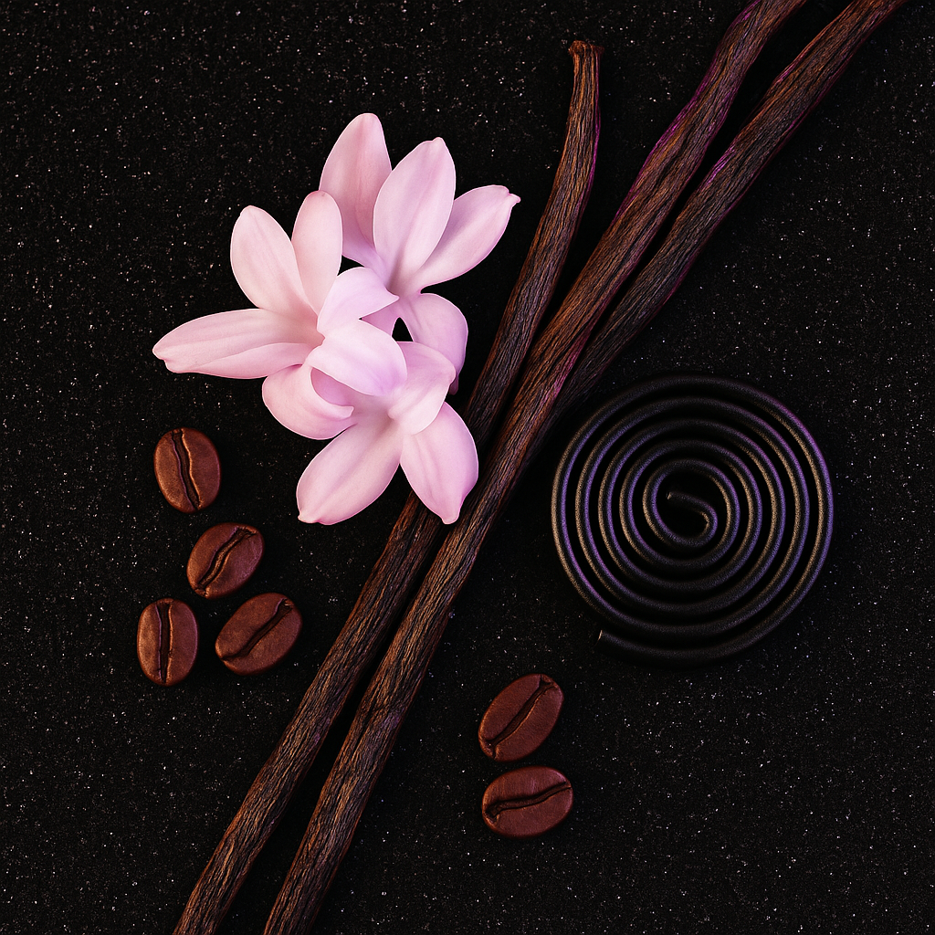 Rosa Blüten, dunkle Vanilleschoten, Kaffeebohnen und eine schwarze Spirale auf einer strukturierten schwarzen Oberfläche.