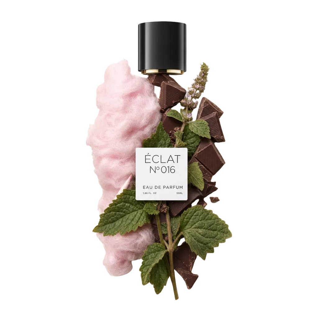 Ein Arrangement aus rosa Zuckerwatte, Schokoladenstücken und grünen Patchouli-Blättern umgibt eine schwarze Kappe mit Etikett und repräsentiert ÉCLAT Cotton Candy & Patchouli.