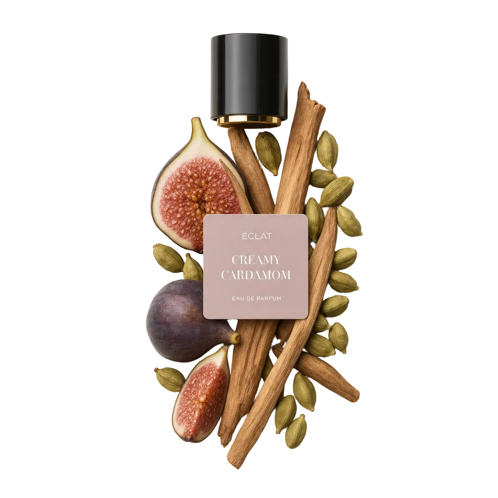 Ein Arrangement aus frischen Feigen, Zimtstangen und Kardamomkapseln umgibt die originale schwarze Verschlusskappe mit Etikett von ÉCLAT Creamy Cardamom.