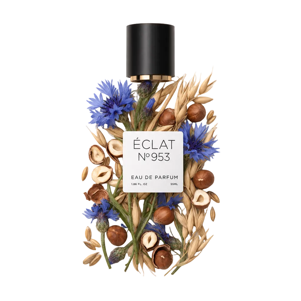 Ein Arrangement aus blauen Kornblumen und Haselnüssen umgibt eine schwarze Kappe mit goldener Verzierung und dem ÉCLAT Creamy Cornflower Etikett.