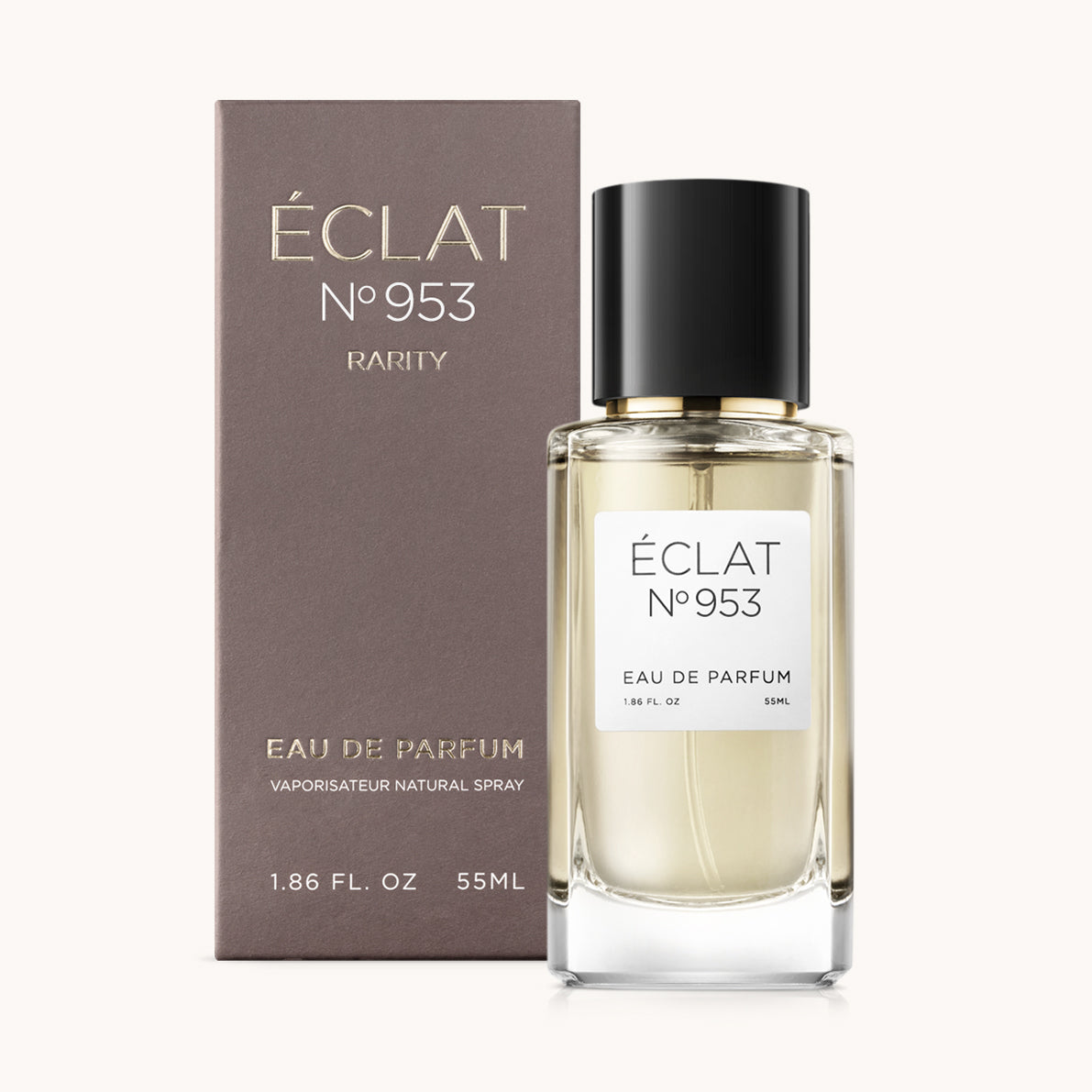 ÉCLAT Creamy Cornflower in einem facettierten Glasflakon mit schwarzer Kappe, neben einer matten braunen Box.