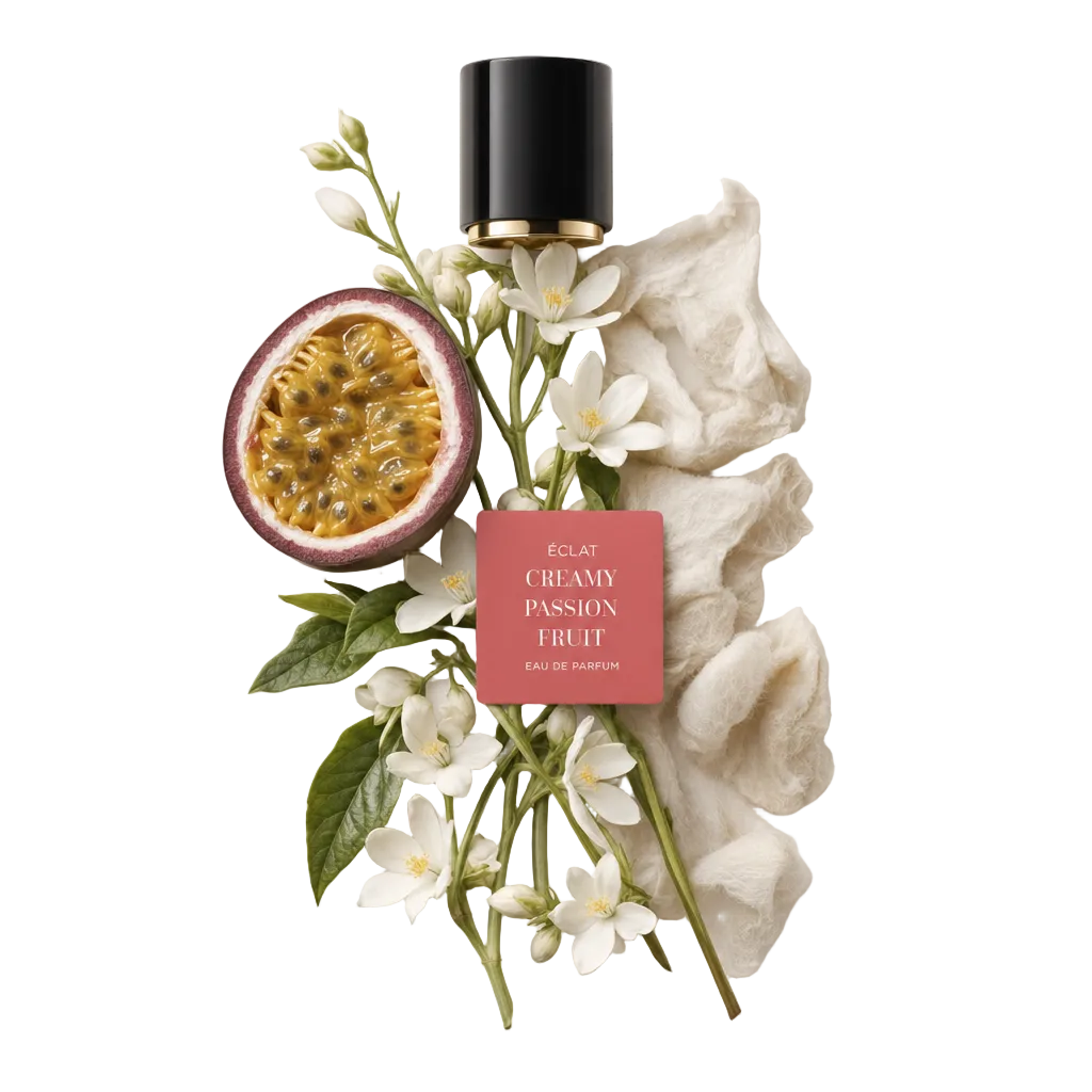 Ein Arrangement aus Passionsfrucht, weißen Blüten und weichem Stoff begleitet von ÉCLATs originaler schwarzer Verschlusskappe mit Etikett.