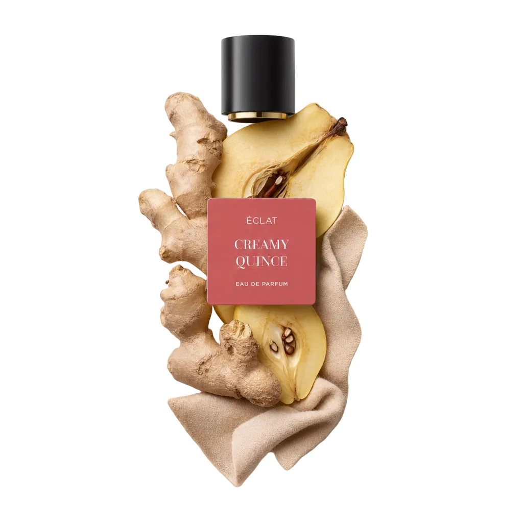 Ein Stillleben-Arrangement mit Ingwerwurzeln und geschnittener Quitte, ergänzt durch eine schwarze Kappe mit dem Etikett 'ÉCLAT Creamy Quince'.
