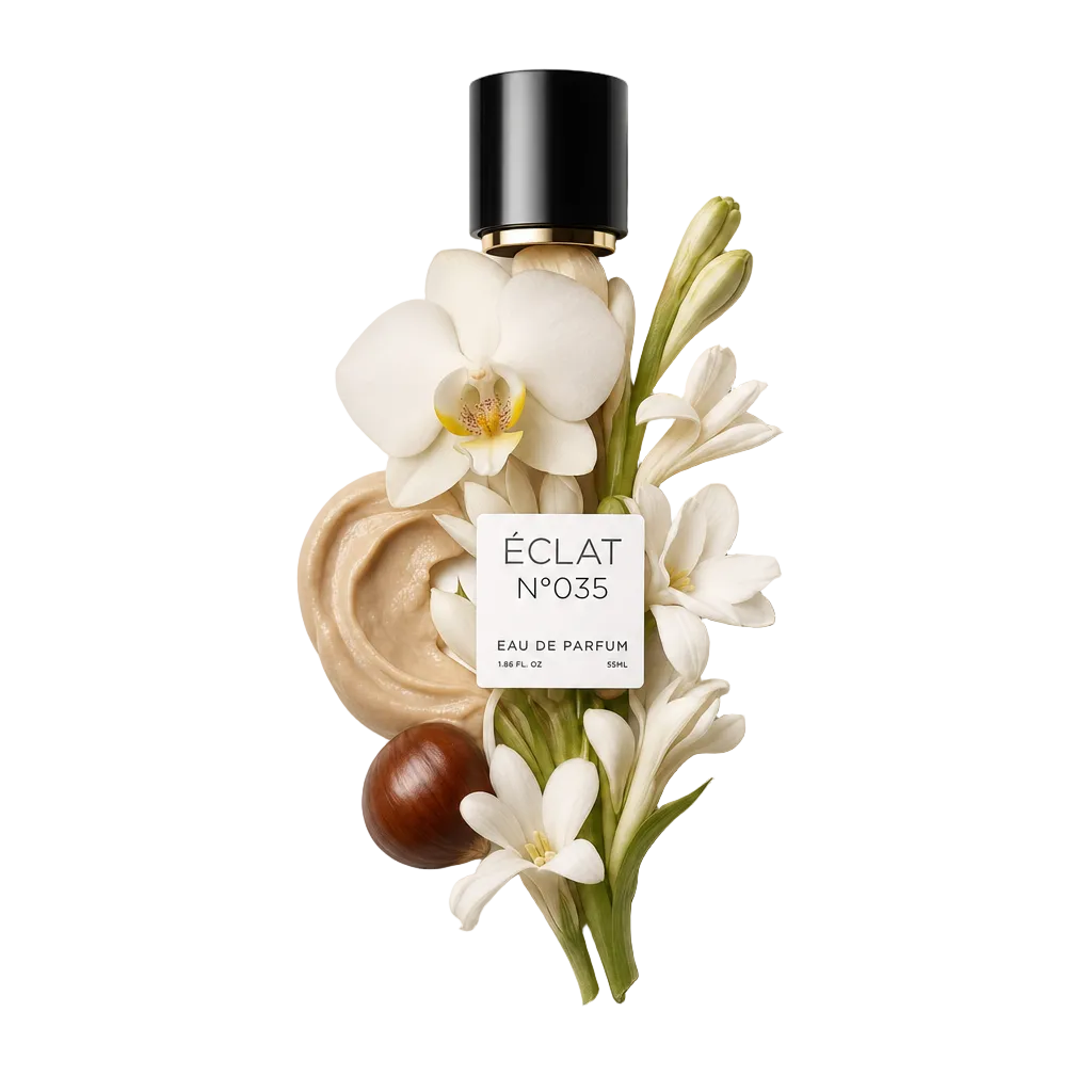 Eine Komposition aus cremiger Textur, weißen Tuberoseblüten und einer Orchidee umgibt eine schwarze Kappe mit Etikett für ÉCLAT Creamy Tuberose.