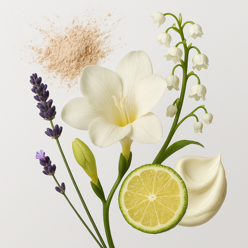 ÉCLAT Creamy White mit Freesie, Limette, Lavendel, Maiglöckchen, cremiger Textur und Puderakzent auf hellem Hintergrund.