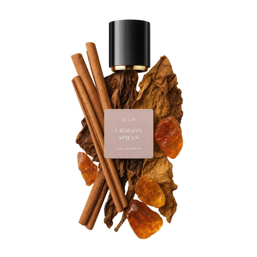 Ein Arrangement aus Zimtstangen, getrockneten Tabakblättern und Bernsteinsteinen umgibt die schwarze Kappe mit dem ÉCLAT Crimson Spices Etikett.