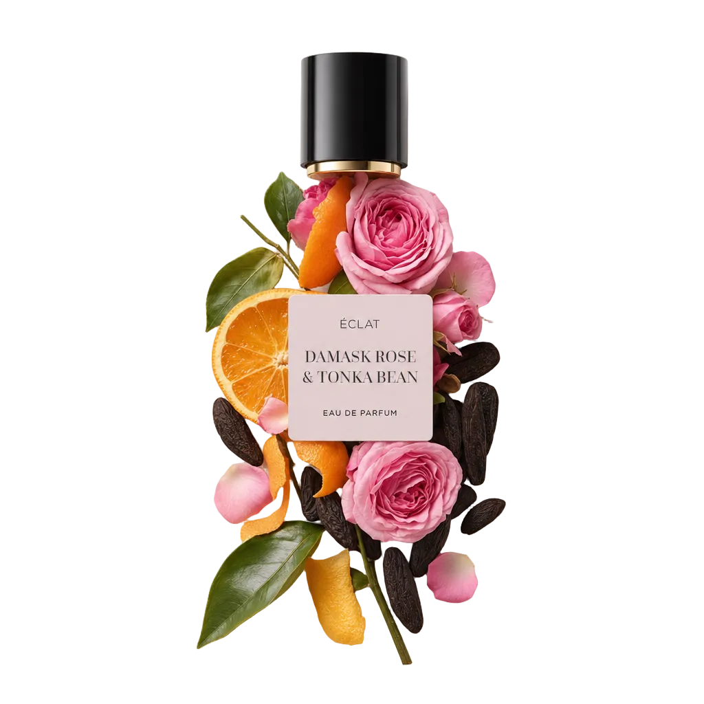 Ein elegantes Arrangement aus frischen Rosenblüten, ganzen Tonkabohnen und leuchtenden Orangenscheiben umgibt eine schwarze Verschlusskappe mit dem Etikett ÉCLAT Damask Rose & Tonka Bean.