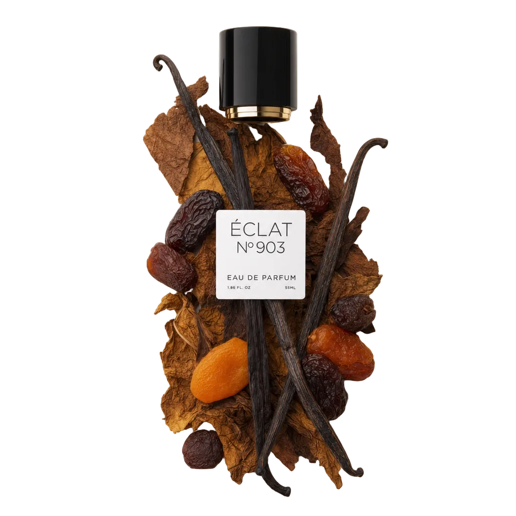 Ein Arrangement aus Tabakblättern, Trockenfrüchten und Vanilleschoten umgibt eine schwarze Kappe mit Etikett, repräsentiert ÉCLAT VIP - Dry Fruits, Vanilla & Tobacco.