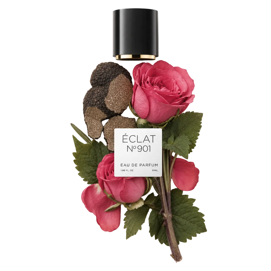 Ein Arrangement aus leuchtend pinken Rosen und erdigen Trüffelscheiben umgibt eine schwarze Kappe mit Etikett von ÉCLAT VIP - Earthy Rose.