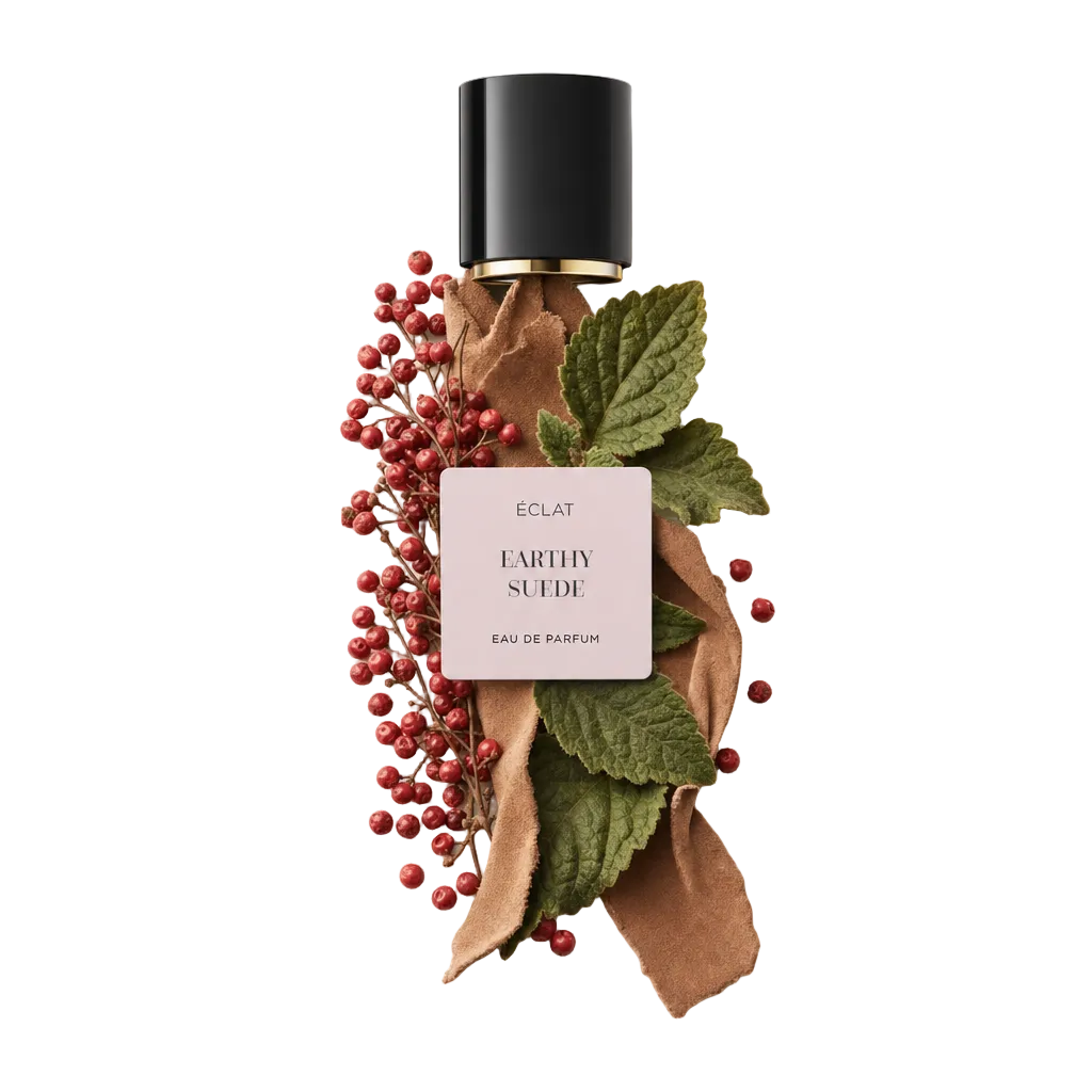 Ein Arrangement aus roten Beeren, wildlederartigem Stoff und frischen grünen Blättern liegt unter einer schwarzen Verschlusskappe mit ÉCLAT Earthy Suede Etikett.