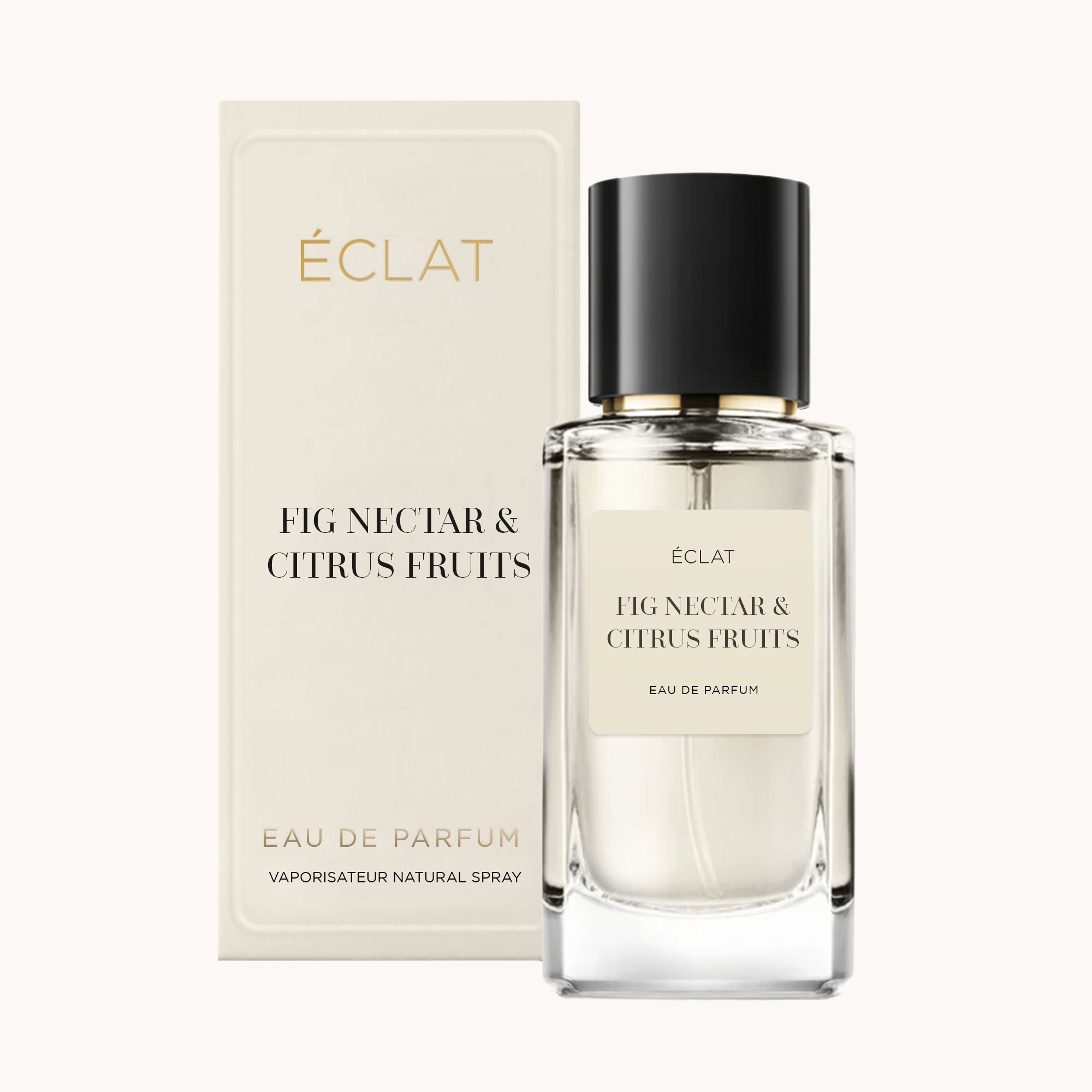 ÉCLAT Fig Nectar & Citrus Fruits Parfüm mit transparentem Glasflakon und schwarzer Kappe, neben eleganter cremefarbener Box.