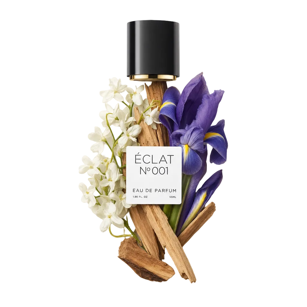 Ein kunstvolles Arrangement aus weißen Blüten, Holzstücken und einer violetten Iris umgibt eine schwarze Kappe mit goldenem Akzent, etikettiert für ÉCLAT Floral Aldehydes.