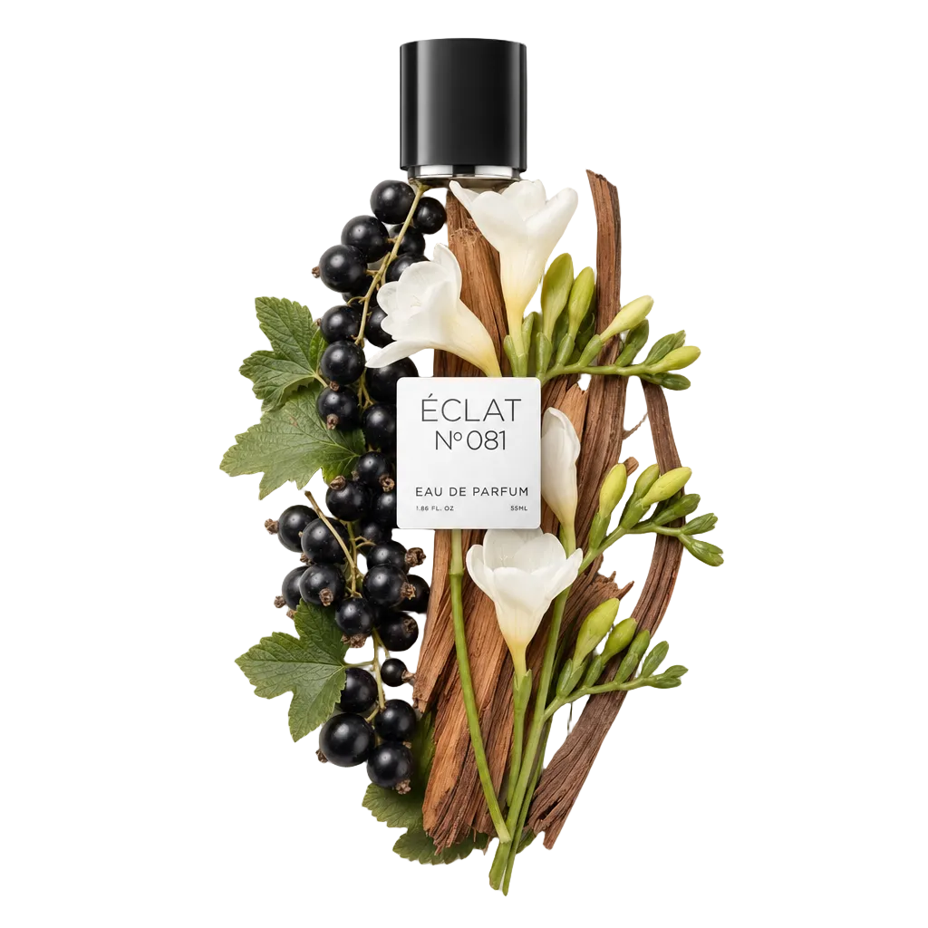 Ein Arrangement aus schwarzen Johannisbeeren, weißen Blüten, grünen Blättern und Holzstücken umgibt die originale schwarze Verschlusskappe mit Etikett von ÉCLAT Floral Blackberry.