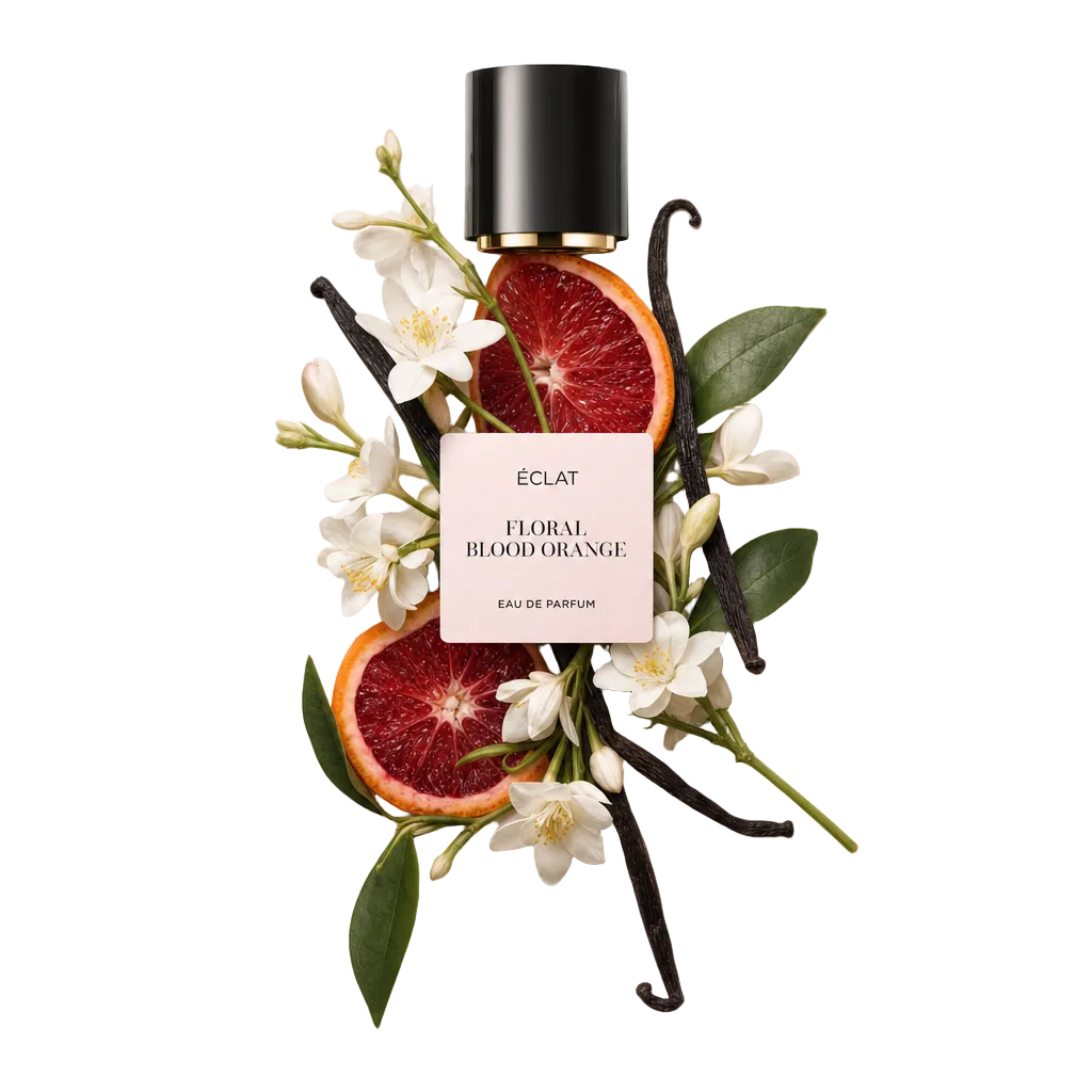 Ein Arrangement aus frischen Blutorangenscheiben, weißen Blüten und Vanilleschoten, gekrönt von einer schwarzen Kappe mit dem Etikett ÉCLAT Floral Blood Orange.