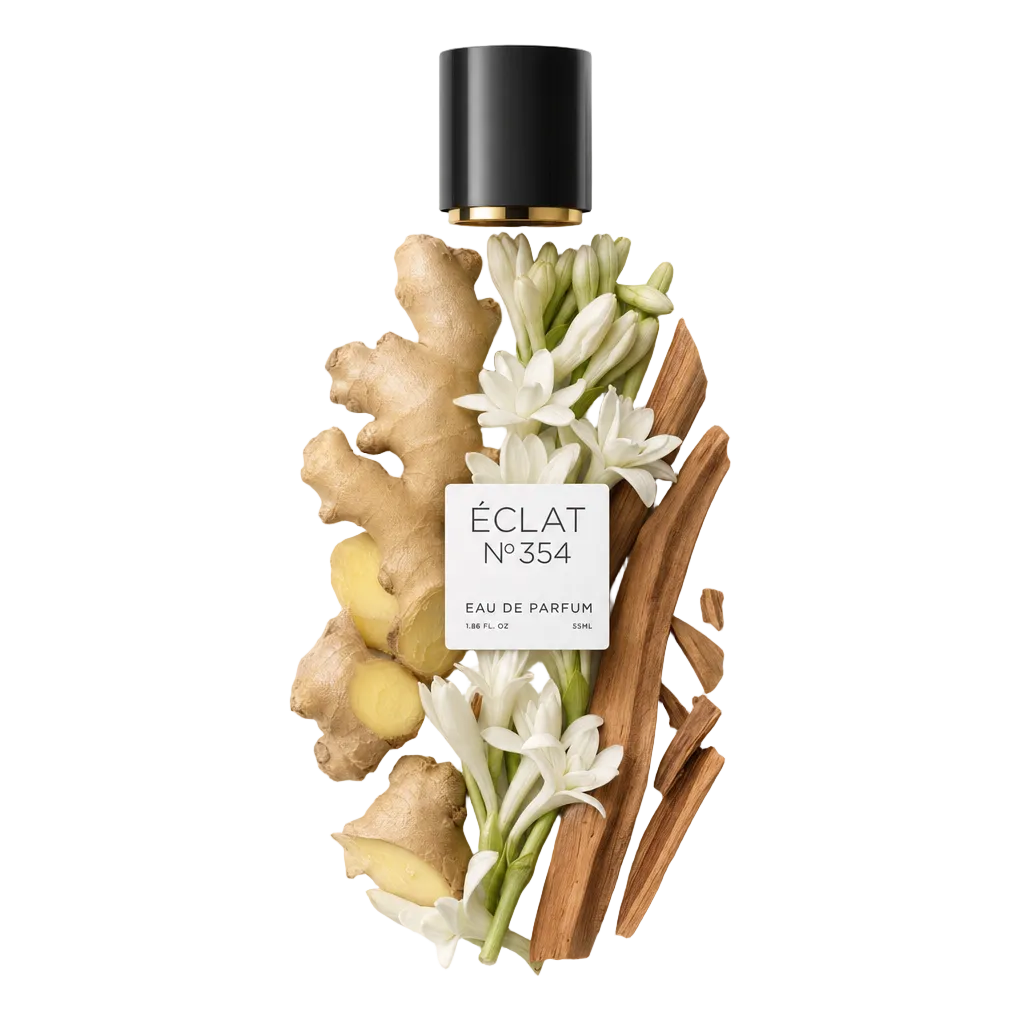 Ein Arrangement aus Ingwerwurzeln, weißen Blüten und Zimtstangen unter einer schwarzen Kappe mit dem Etikett ÉCLAT Floral Ginger.