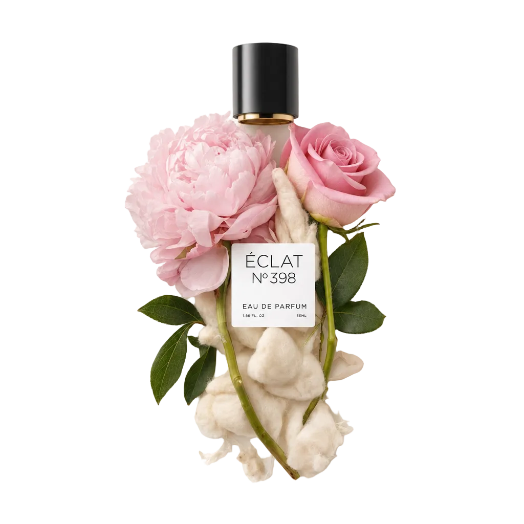 Ein von Hand arrangiertes Stillleben mit zarter rosa Pfingstrose und Rose, begleitet von weicher Baumwolle, umgeben von einer schwarzen Kappe mit ÉCLAT Floral Musk Etikett.