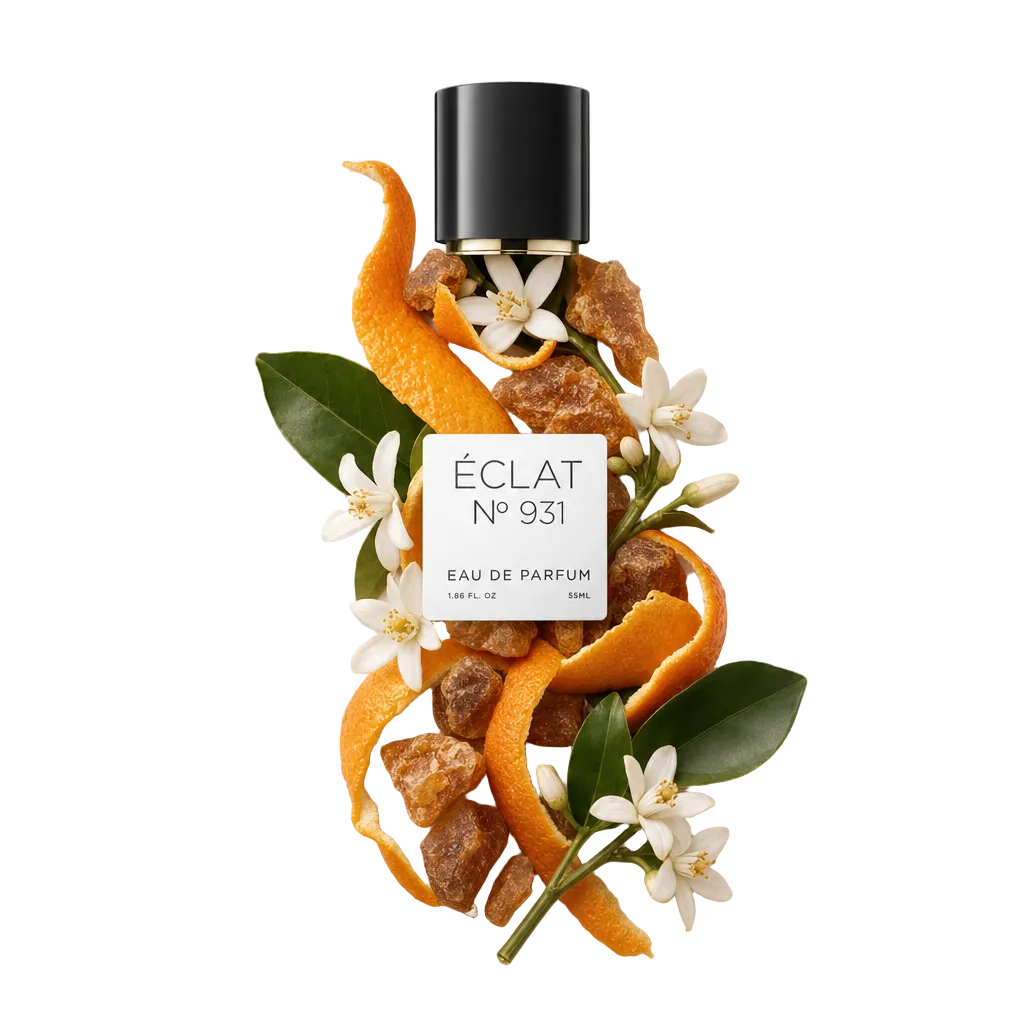 Ein Arrangement aus Orangenschalen, weißen Blüten und Harzstücken umgibt eine schwarze Kappe mit Etikett, ÉCLAT Floral Neroli.