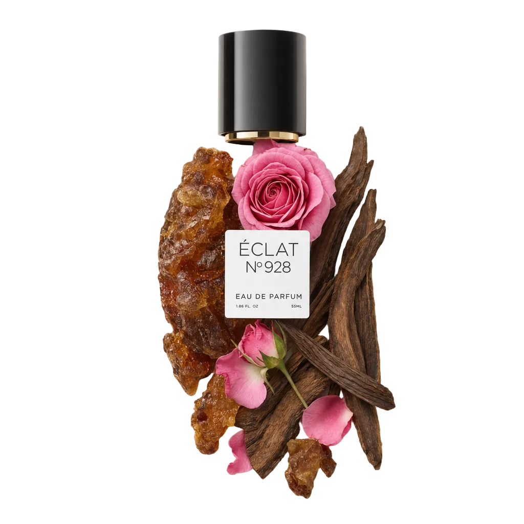 Ein Arrangement der Zutaten von ÉCLAT Floral Oud mit schwarzer Verschlusskappe und Etikett, bestehend aus rosa Rose, Oud-Holz und Amberharz.