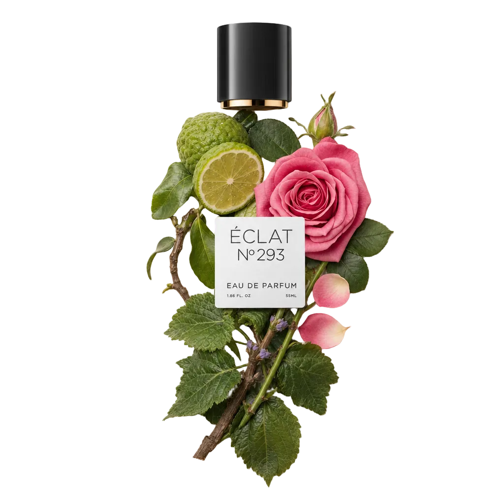 Eine schwarze Verschlusskappe mit Etikett liegt über einem Arrangement aus rosa Rose, Limettenscheiben und grünen Blättern, stellvertretend für ÉCLAT Floral Patchouli.