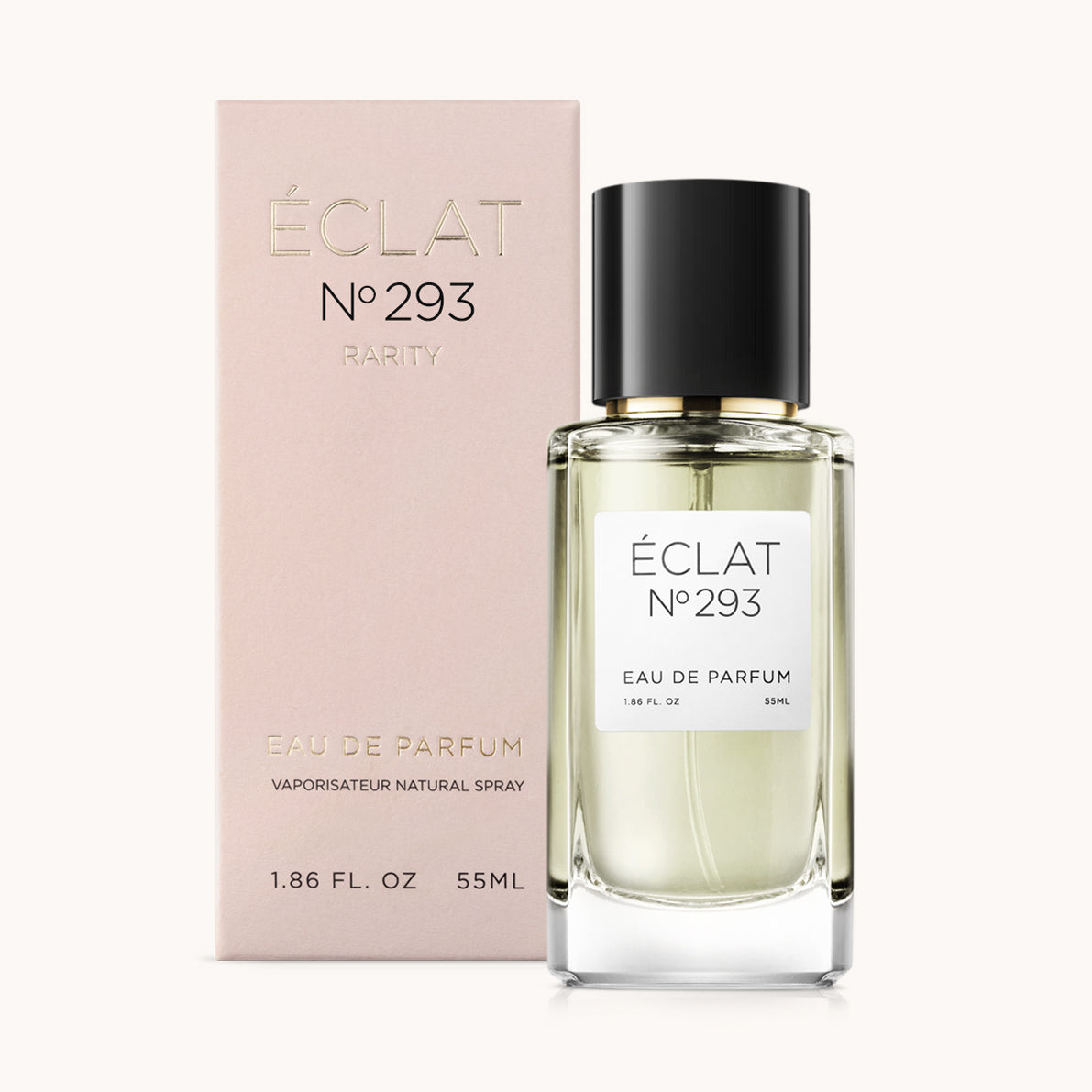 ÉCLAT 293 RAR - Floral Patchouli Parfum mit einem transparenten Glasflakon und schwarzem Verschluss, begleitet von einer beigen Box.