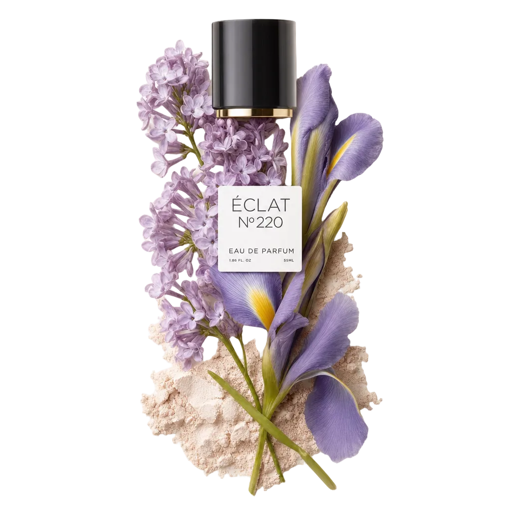Ein Arrangement aus zarten Flieder- und Schwertlilienblüten mit einem Hauch von weichem Puder umgibt die originale ÉCLAT-Kappe mit elegantem Etikett.