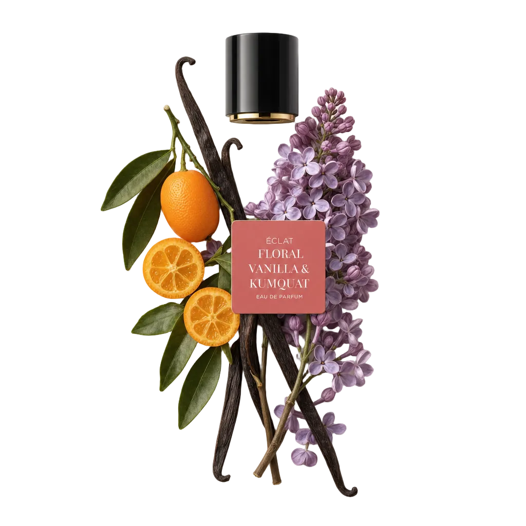 Ein Arrangement aus Fliederblüten, frischen Kumquats und Vanilleschoten umgibt eine schwarze Kappe mit Etikett und repräsentiert ÉCLAT Floral Vanilla & Kumquat.
