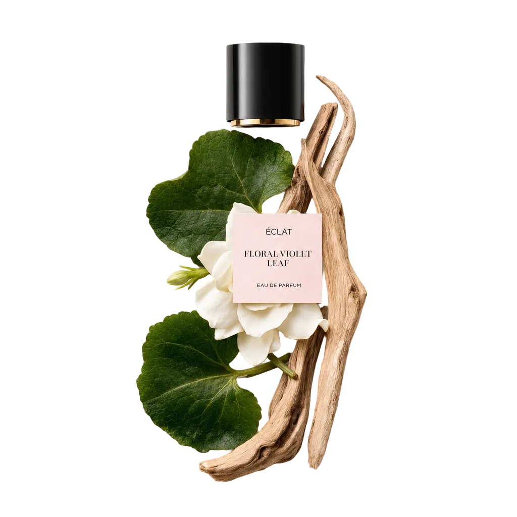 Ein Arrangement aus grünen Veilchenblättern, zarten weißen Blüten und hellbraunem Treibholz umgibt eine schwarze Kappe mit einem Etikett ÉCLAT Floral Violet Leaf.