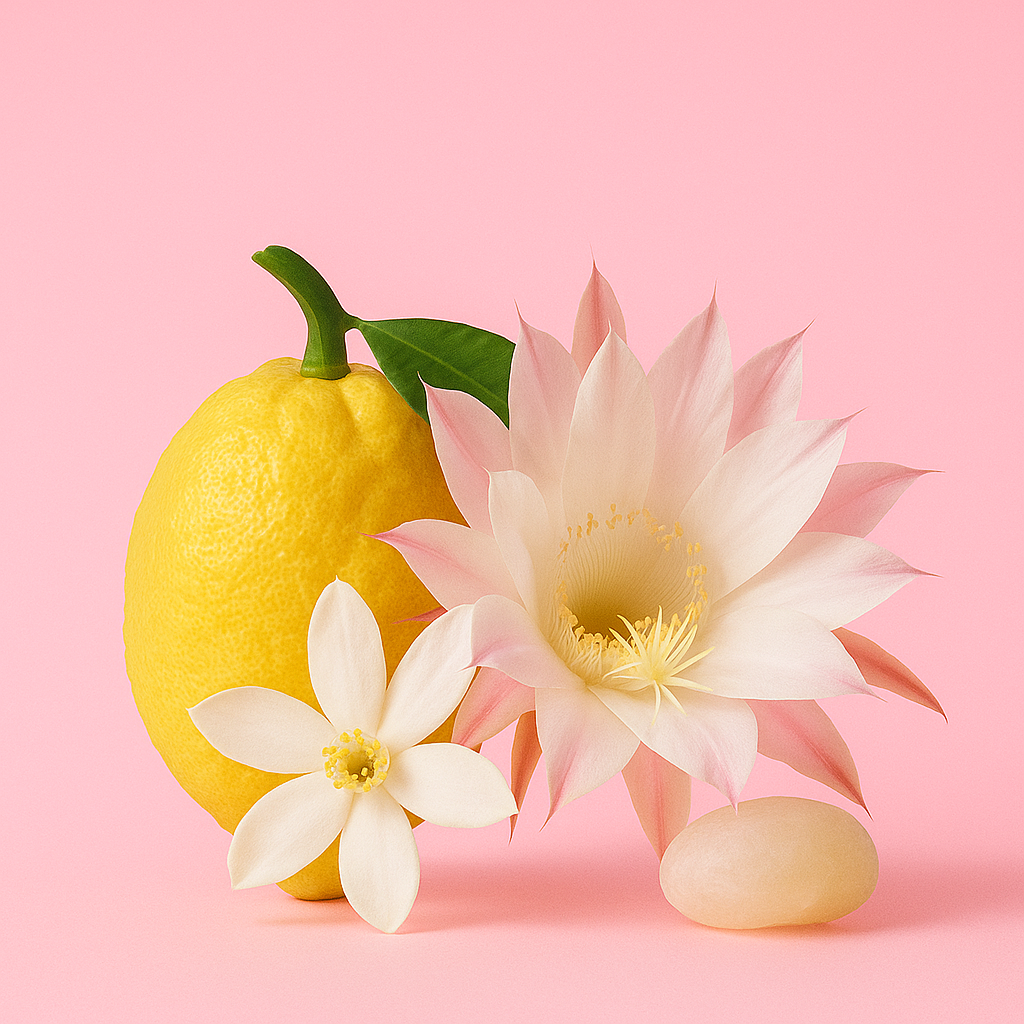 Eine Zitrone und zwei weiße Blumen mit gelben Zentren sind elegant vor einem pinkfarbenen Hintergrund arrangiert.