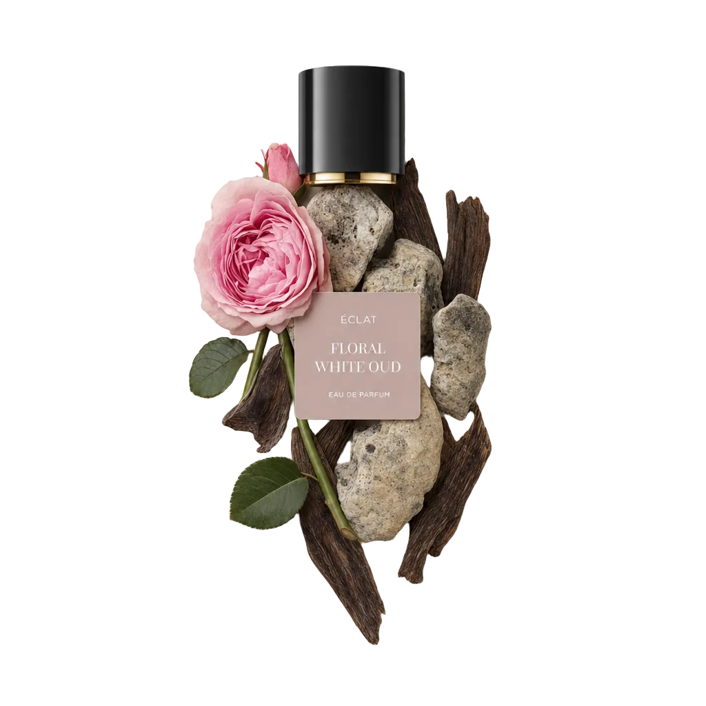 Ein Arrangement für ÉCLAT Floral White Oud, mit einer rosa Rose, strukturierten Steinen und dunklen Holzelementen unter einer schwarzen Kappe mit goldenem Band.