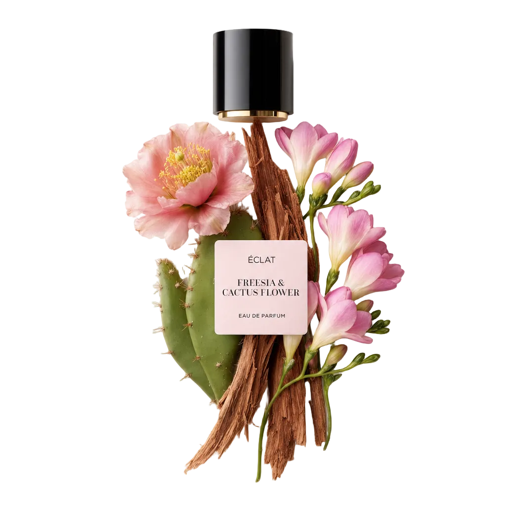 Ein Arrangement aus rosa Kaktusblüten, frischen Freesien und üppigen Kaktusblättern ist kunstvoll um eine schwarze Kappe mit dem Etikett ÉCLAT Freesia & Cactus Flower komponiert.