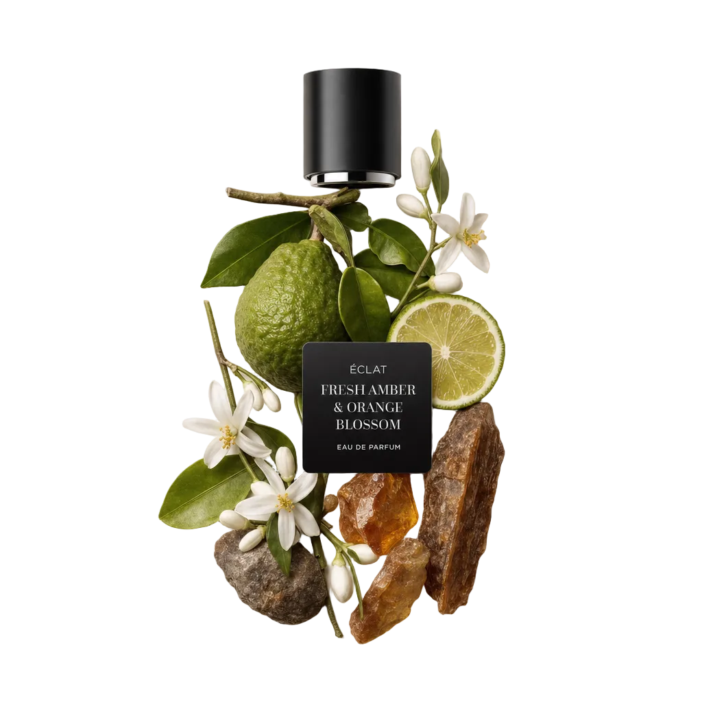 Ein Arrangement duftender Zutaten mit einer ganzen Bergamotte, Limettenscheibe, Orangenblüten, Bernsteinharz und einer schwarzen ÉCLAT-Kappe mit Etikett.