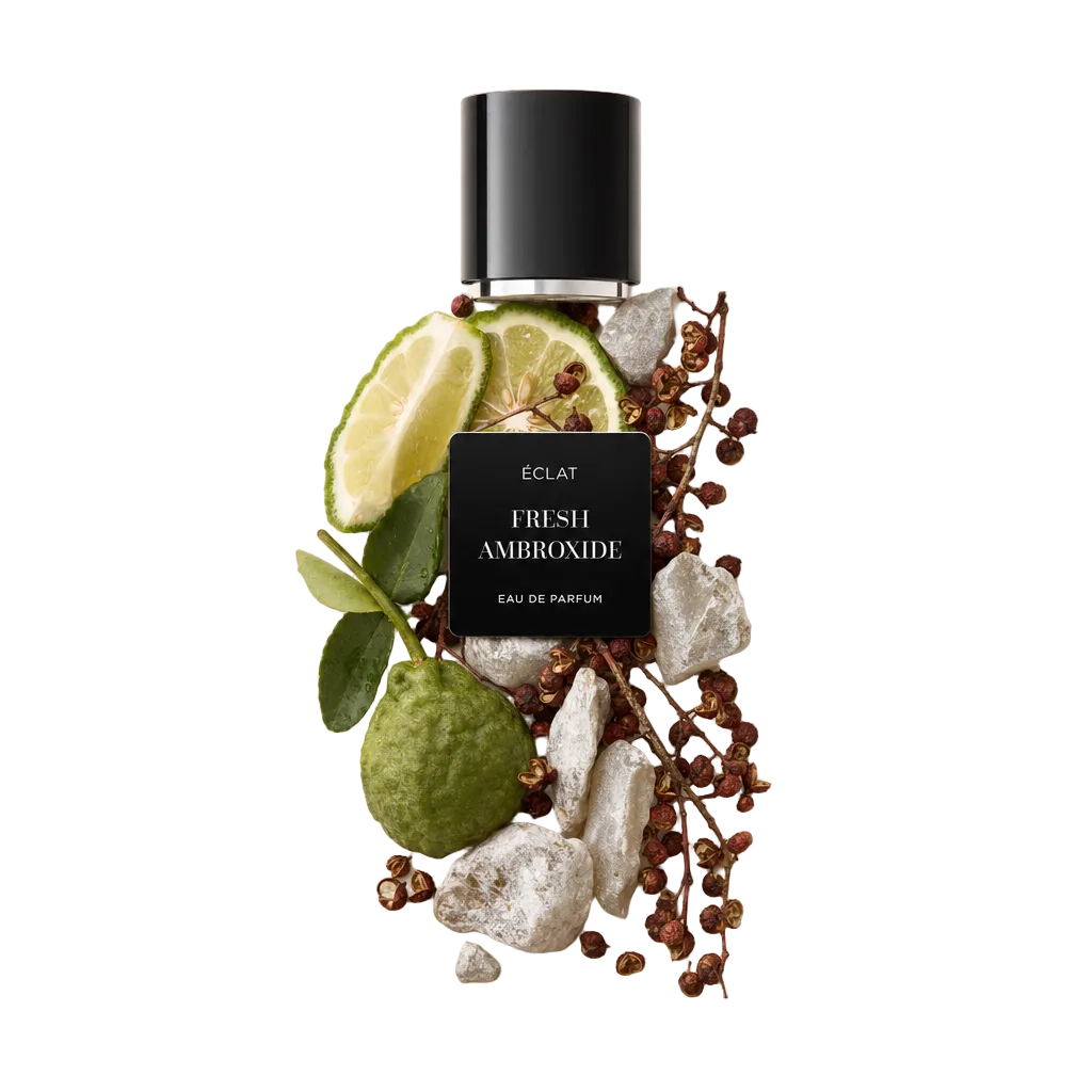 Ein Arrangement aus Bergamotte, Limettenscheiben und Pfefferkörnern umgibt elegant die schwarze Verschlusskappe mit Etikett von ÉCLAT Fresh Ambroxide.