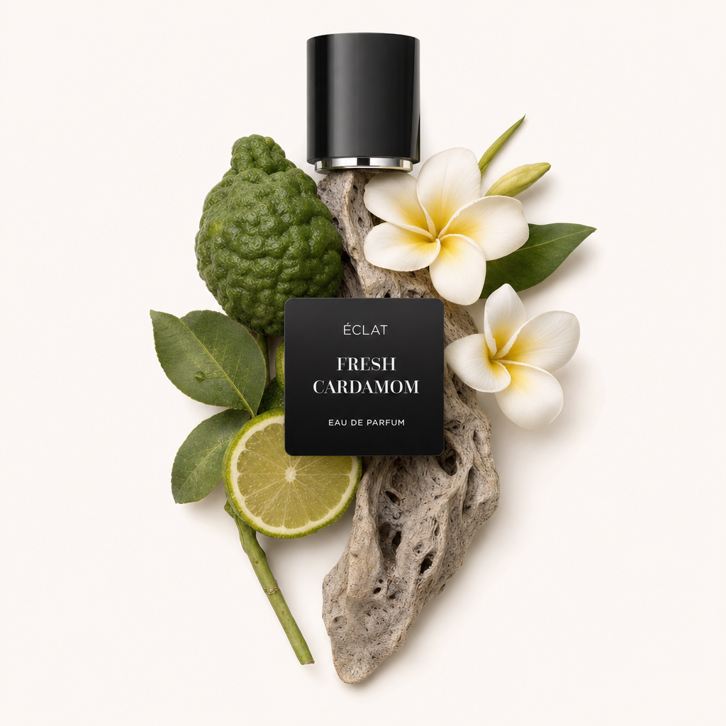 Ein Arrangement aus Kaffernlimette, Limettenscheibe, Frangipaniblüten und einem strukturierten Holzelement, gekrönt von der originalen schwarzen Kappe von ÉCLAT FRESH CARDAMOM.