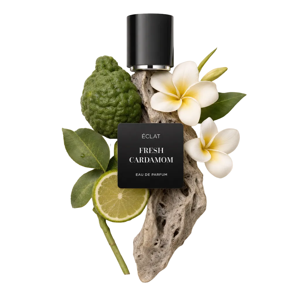Ein Arrangement aus Kaffernlimette, Limettenscheibe, Frangipaniblüten und einem strukturierten Holzelement, gekrönt von der originalen schwarzen Kappe von ÉCLAT FRESH CARDAMOM.