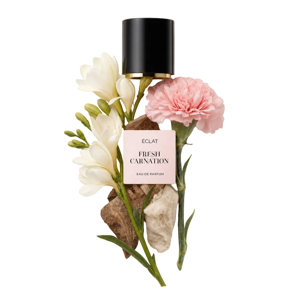 Ein zartes Arrangement aus weißen Freesien, einer rosa Nelke und Steinen umgibt eine schwarze Kappe mit goldenem Band und ÉCLAT Fresh Carnation Etikett.