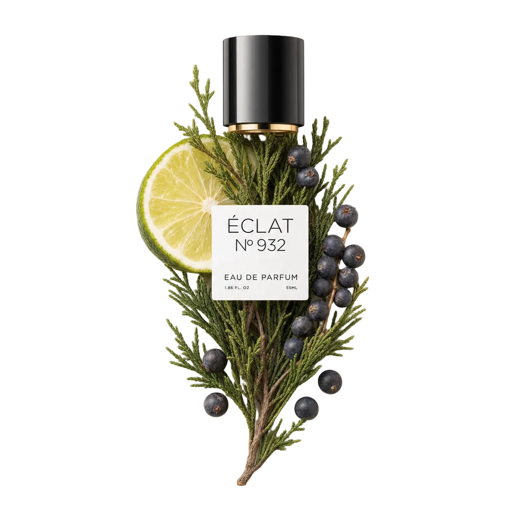 Eine schwarze Kappe mit goldfarbenem Rand auf einem Arrangement aus frischer Zypresse, Limettenscheibe und Wacholderbeeren, das den Duft ÉCLAT Fresh Cypress repräsentiert.