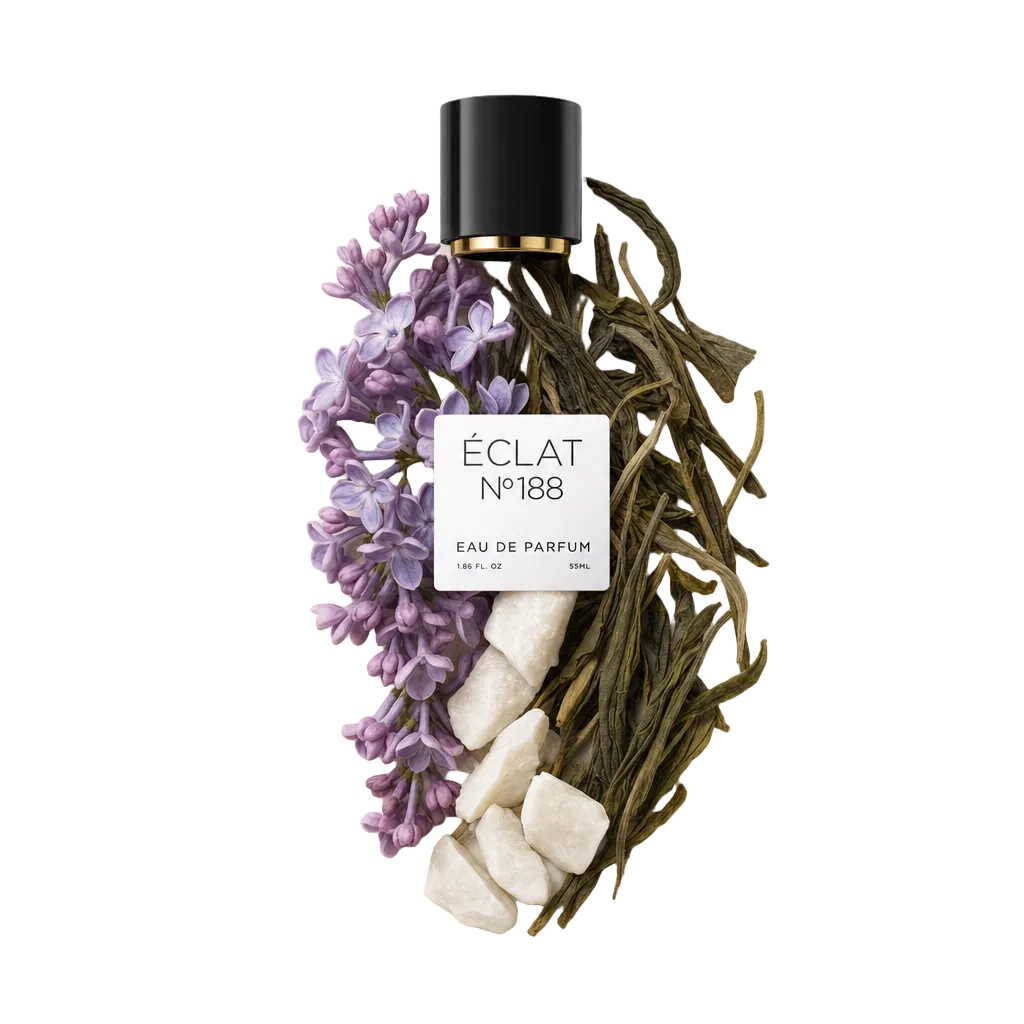 Ein Arrangement aus Fliederblüten, grünen Teeblättern und weißen Steinen liegt neben einer schwarzen Kappe mit goldenem Akzent und ÉCLAT Fresh Lilac Etikett.