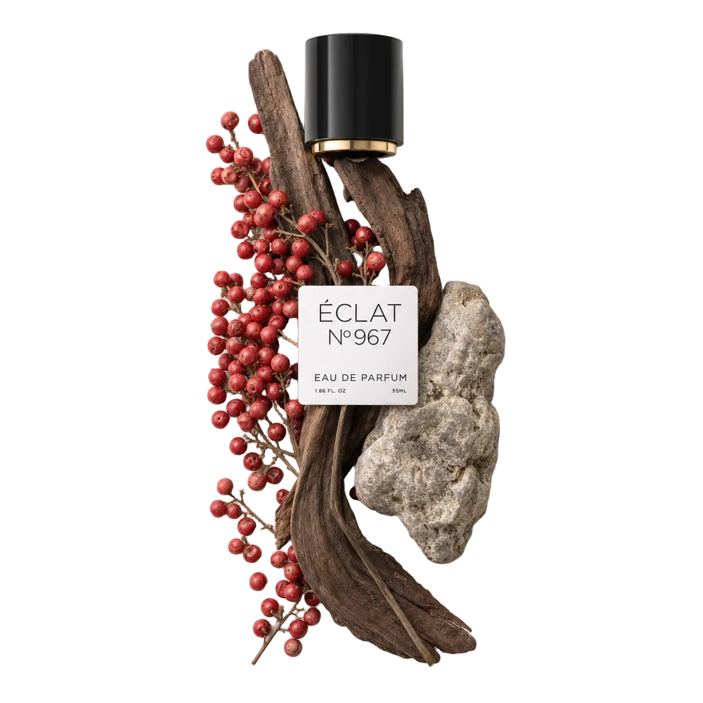 Ein Arrangement aus roten Beeren, getrockneten Holzstücken und einem strukturierten grauen Stein, mit einer schwarzen Kappe und ÉCLAT-Etikett oben.